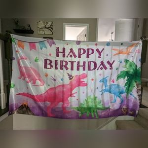 Happy birthday photo backdrop & cup cake pop toppers kids party dinosaur decor